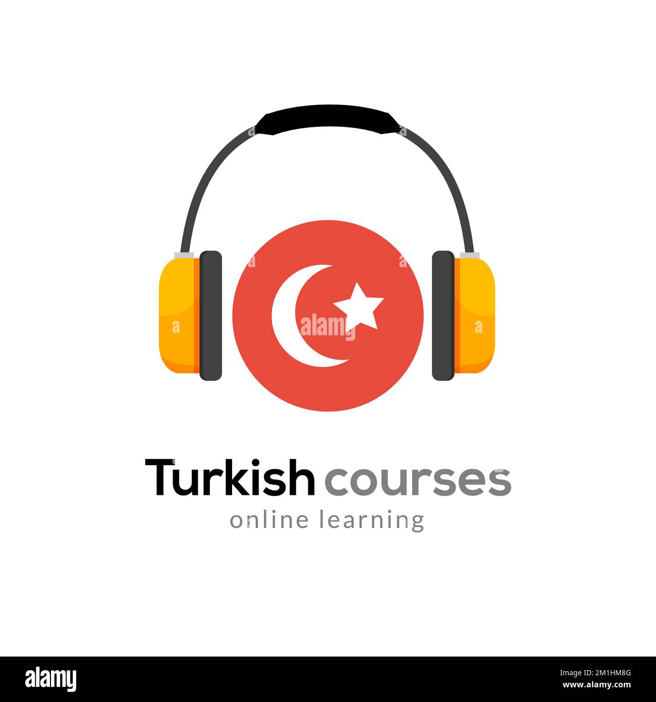 Logo-Symbol für türkischen Sprachunterricht mit Kopfhörern. Kreative türkische Klasse fließendes Konzept Sprachtest und Grammatik Stock Vektor