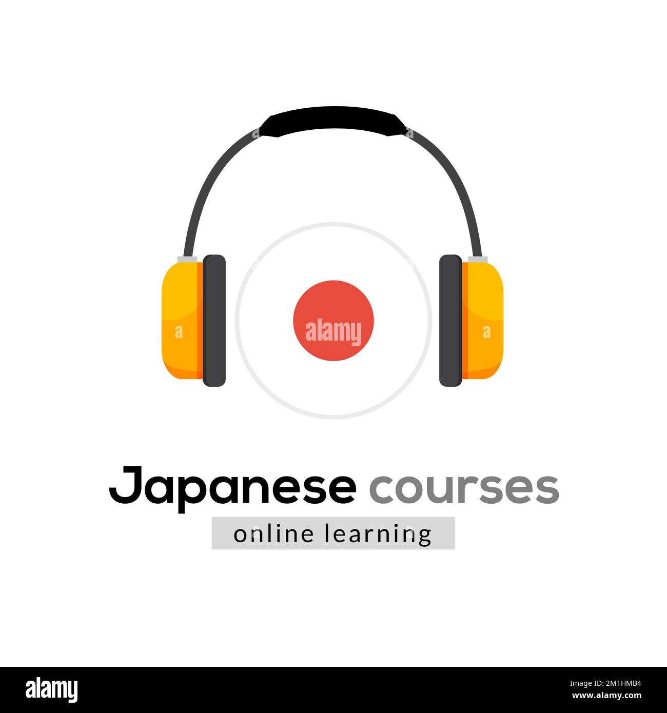 Logo-Symbol für japanische Sprachkenntnisse mit Kopfhörern. Kreative japanische Klasse fließendes Konzept sprechen Test und Grammatik Stock Vektor