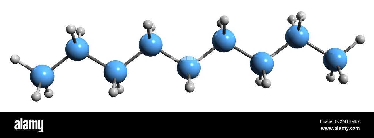 3D-Bild der Nonan-Skelettformel - molekularchemische Struktur von linearem Alkankohlenwasserstoff, isoliert auf weißem Hintergrund Stockfoto
