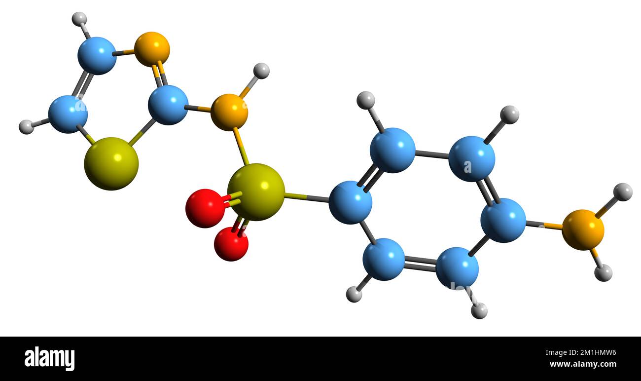 3D-Bild der Norsulfazol-Skelettformel - molekularchemische Struktur der antimikrobiellen Medikation isoliert auf weißem Hintergrund Stockfoto