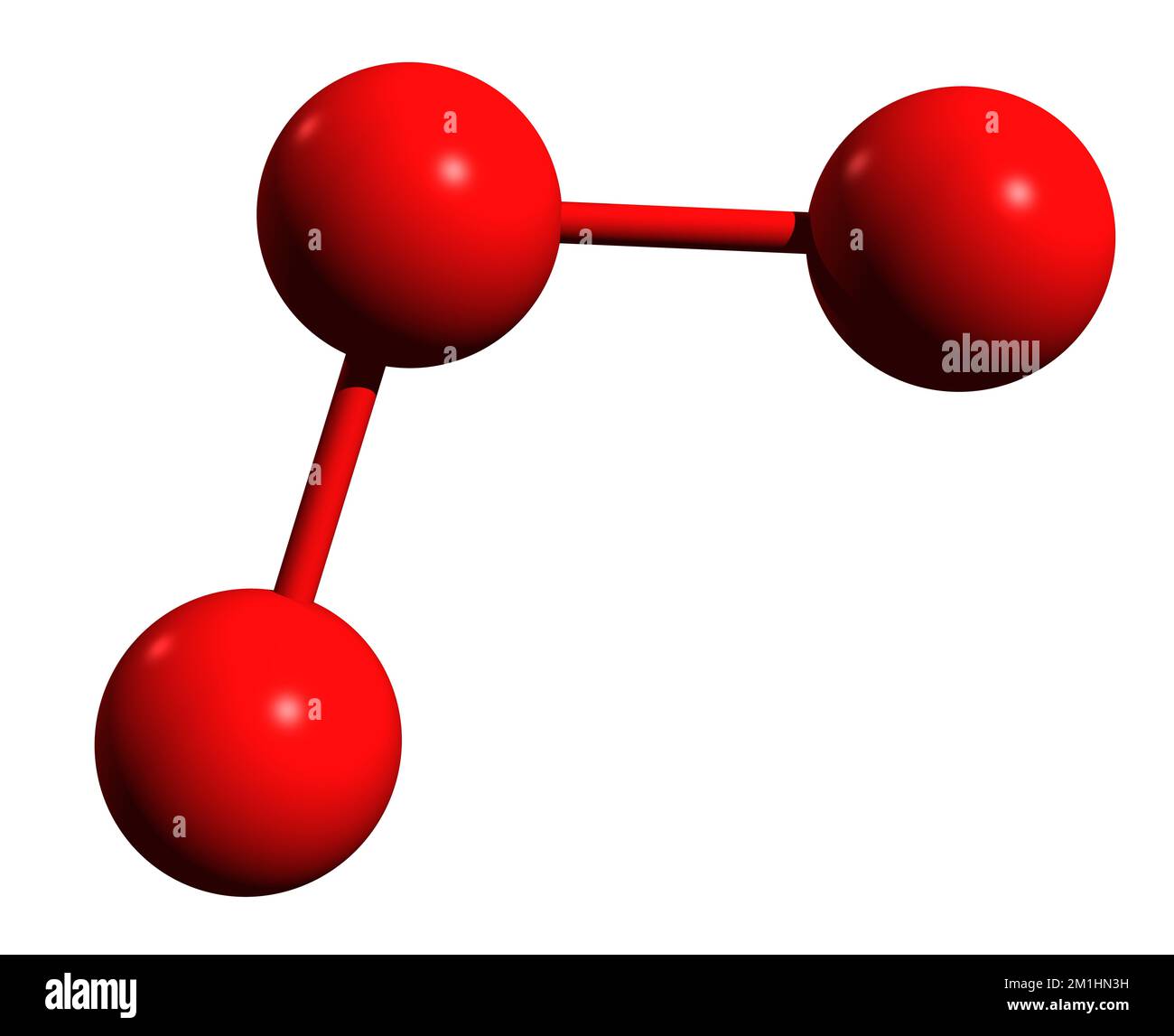 3D-Bild der Ozon-Skelettformel - molekularchemische Struktur von auf weißem Hintergrund isoliertem Trioxygen Stockfoto