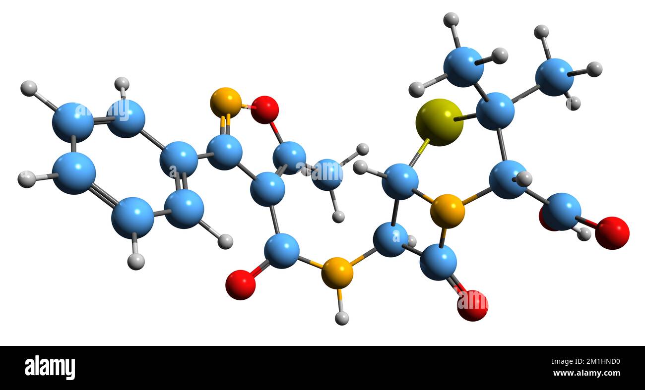 3D-Bild einer Oxacillin-Skelettformel - molekularchemische Struktur eines auf weißem Hintergrund isolierten Beta-Lactam-Antibiotikums Stockfoto