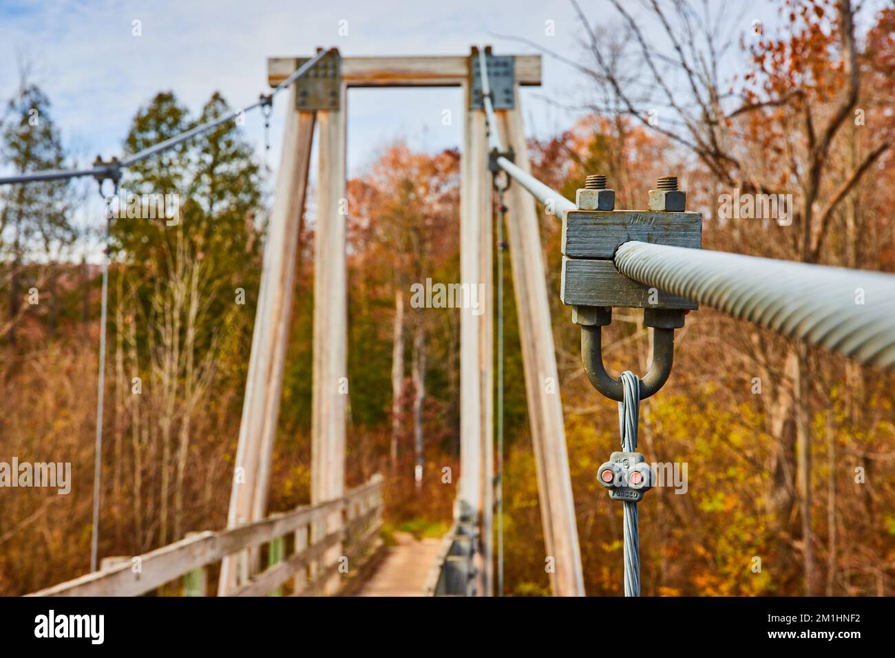 Detaildarstellung großer, dicker Stützdrähte, die die Hängebrücke durch den Herbstwald halten Stockfoto