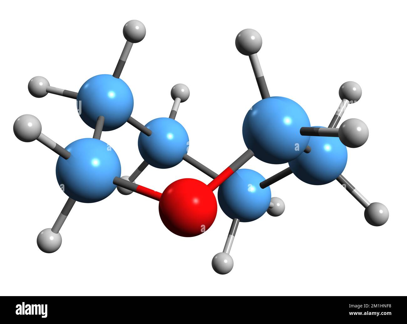 3D-Bild der Oxepan-Skelettformel - molekularchemische Struktur von Hexamethylenoxid, isoliert auf weißem Hintergrund Stockfoto