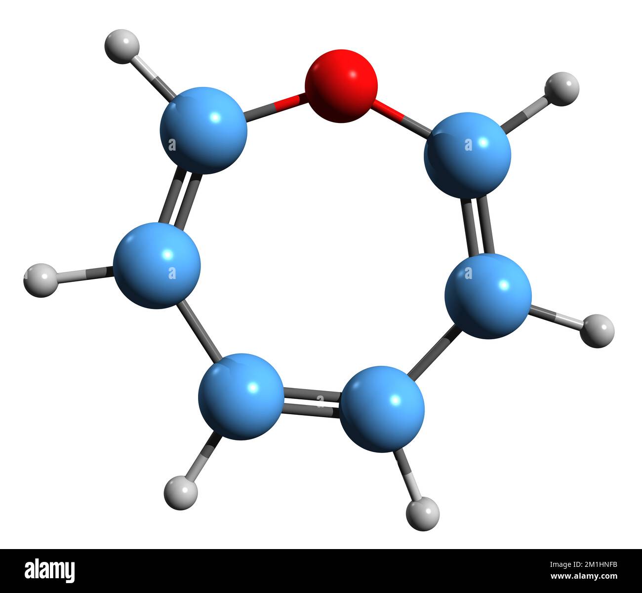 3D-Bild der Oxepin-Skelettformel - molekularchemische Struktur von auf weißem Hintergrund isoliertem Oxacycloheptatrien Stockfoto