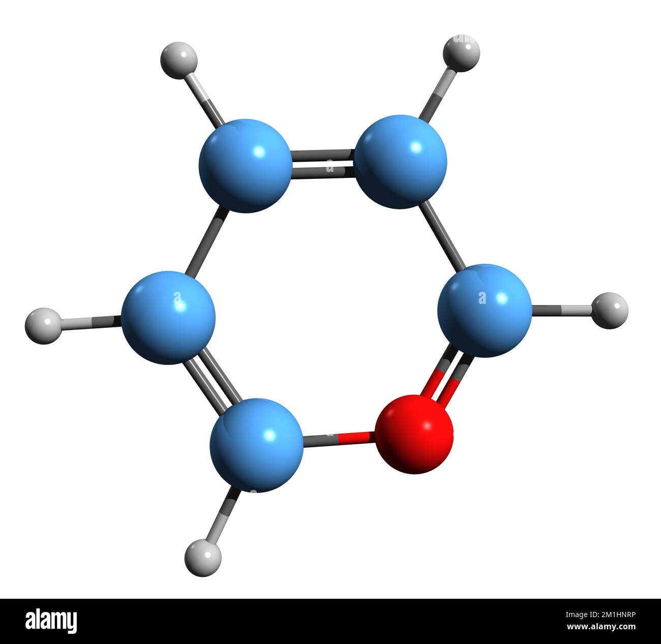 3D-Bild der Pyrylium-Skelettformel - molekularchemische Struktur der heterocyclischen Verbindung Pyranium isoliert auf weißem Hintergrund Stockfoto