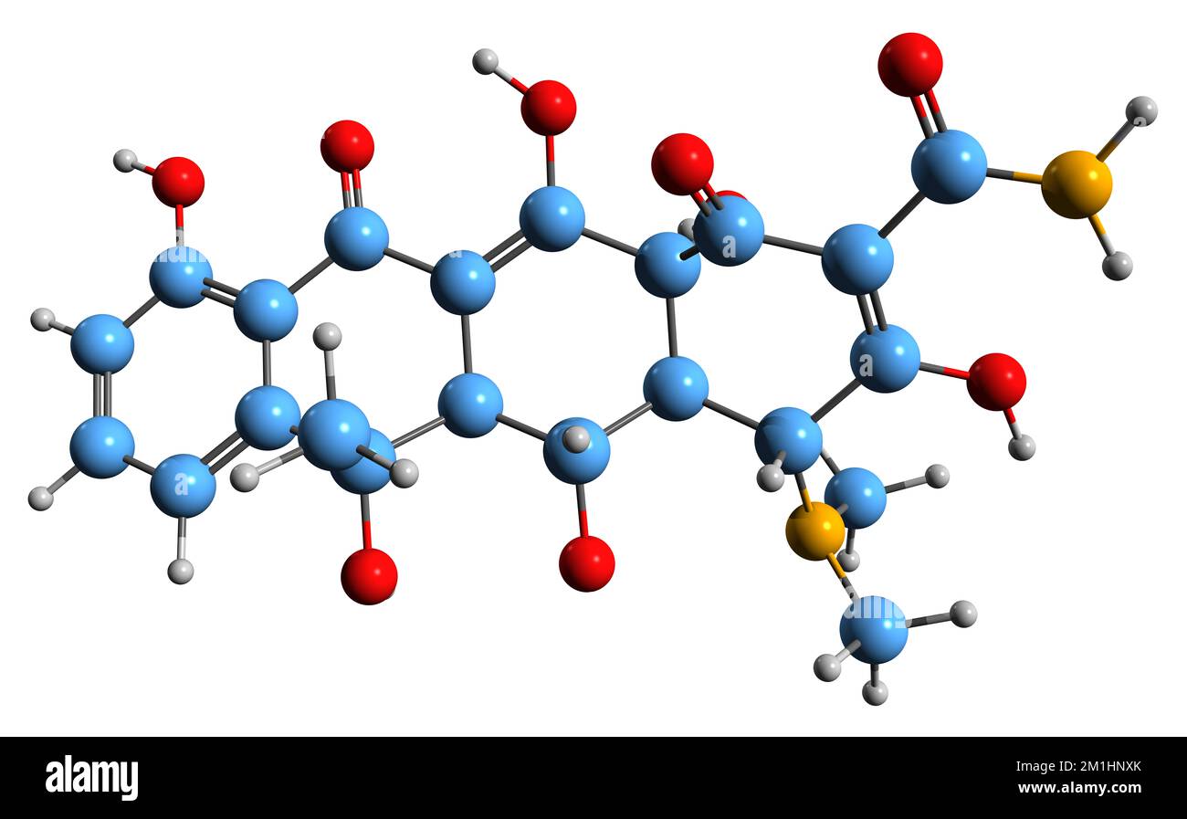 3D-Bild der Oxytetracyclin-Skelettformel - molekularchemische Struktur eines auf weißem Hintergrund isolierten Breitspektrum-Tetracyclin-Antibiotikums Stockfoto
