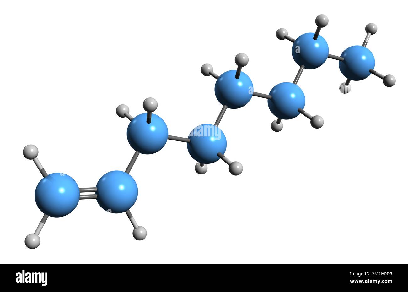 3D-Bild der 1-Octen-Skelettformel - molekularchemische Struktur von Octylen isoliert auf weißem Hintergrund Stockfoto
