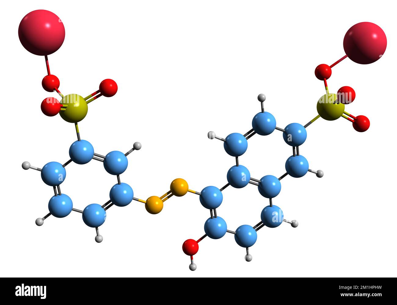 3D-Bild der orangefarbenen GGN-Skelettformel - molekularchemische Struktur des Azofarbstoffs alpha-Naphthol-Orange, isoliert auf weißem Hintergrund Stockfoto