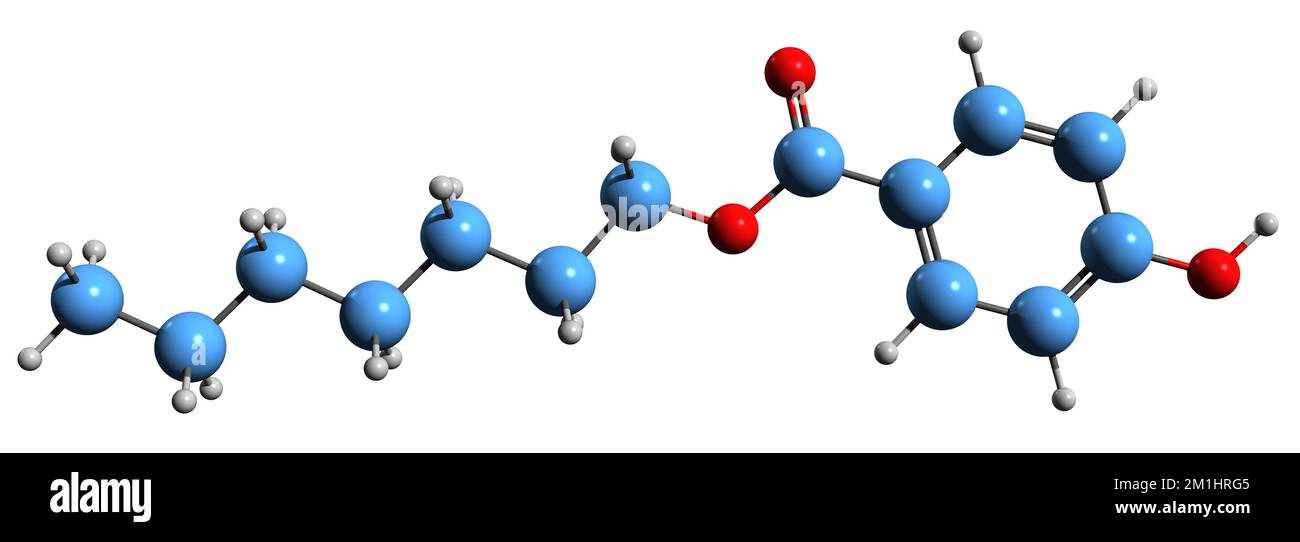 3D-Bild der Heptylparaben-Skelettformel - molekularchemische Struktur von Heptyl-p-hydroxybenzoat isoliert auf weißem Hintergrund Stockfoto