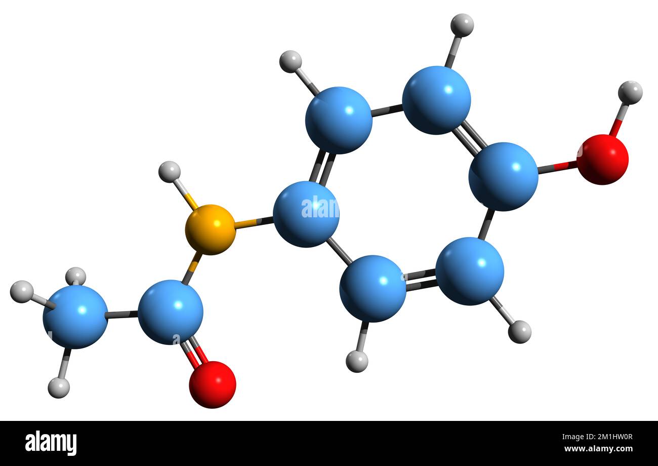3D-Bild einer Paracetamol-Skelettformel - molekularchemische Struktur von Acetaminophen isoliert auf weißem Hintergrund Stockfoto