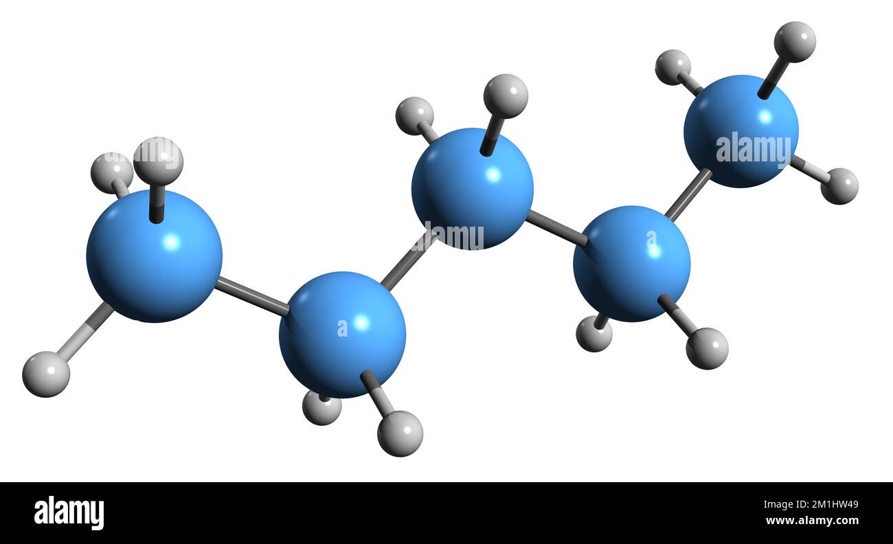 3D-Bild der Pentan-Skelettformel - molekularchemische Struktur von Quintan isoliert auf weißem Hintergrund Stockfoto