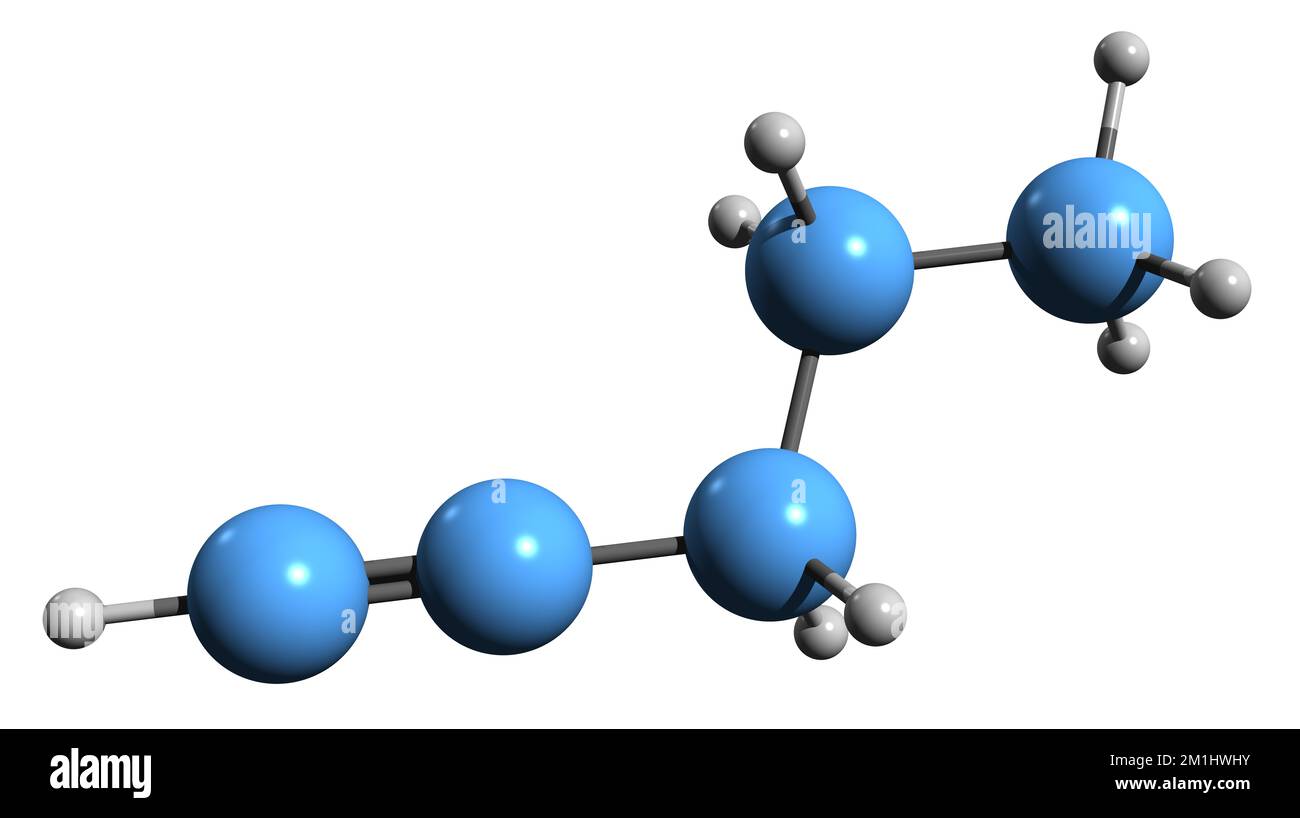3D-Bild der 1-Pentyn-Skelettformel - molekularchemische Struktur von Propylacetylen isoliert auf weißem Hintergrund Stockfoto