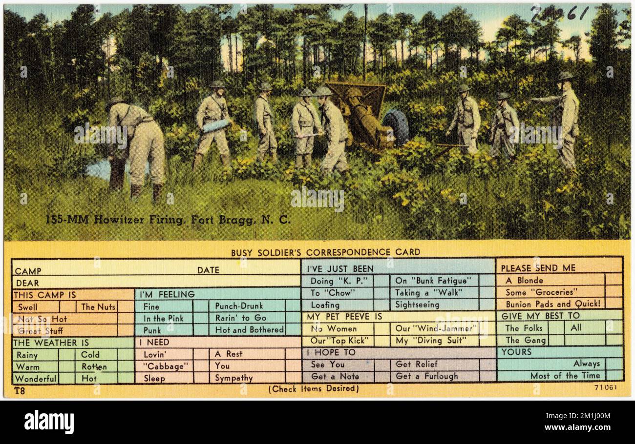 155-mm Howitzer Firing, Fort Bragg, N. C. , Militäranlagen, Tichnor Brothers Collection, Postkarten der Vereinigten Staaten Stockfoto