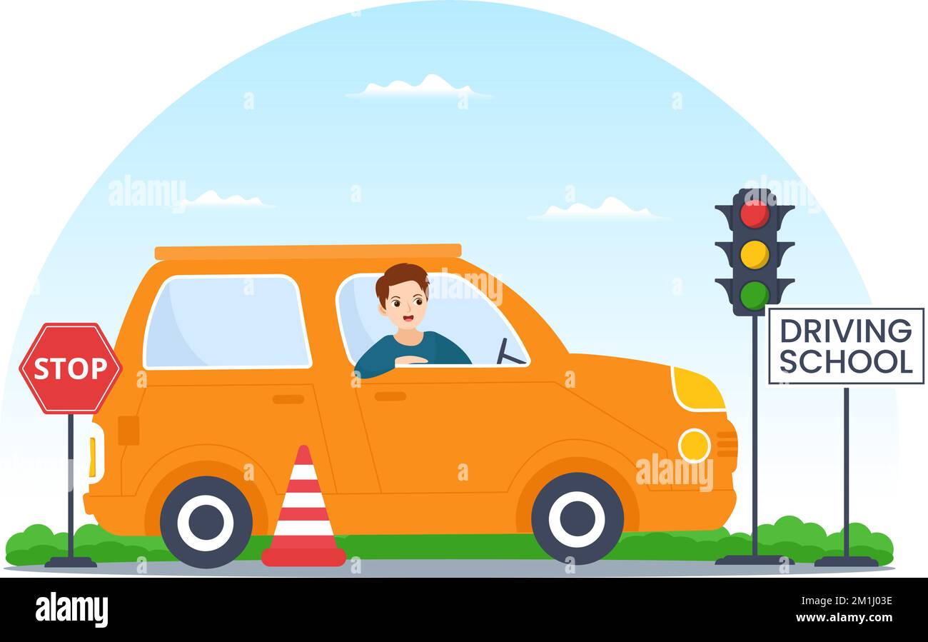 Fahrschule mit Fortbildungsprozess zu Fahrzeugtraining und Fahrausbildung zum Erwerb eines Führerscheins in flachen, handgezeichneten Vorlagen Illustration Stock Vektor