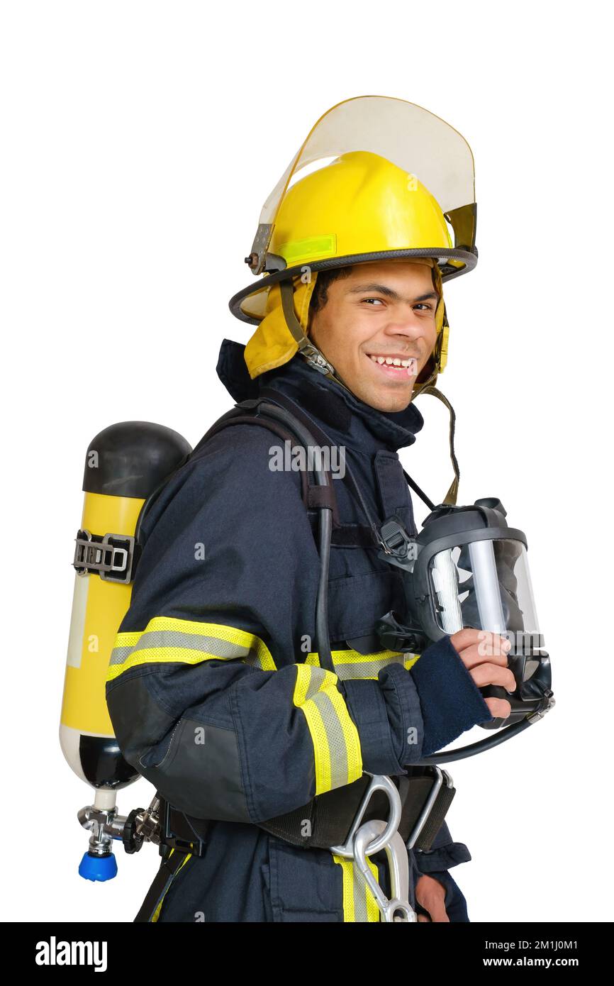 Feuerwehrmann mit Atemschutzgerät und Atemgerät Stockfoto