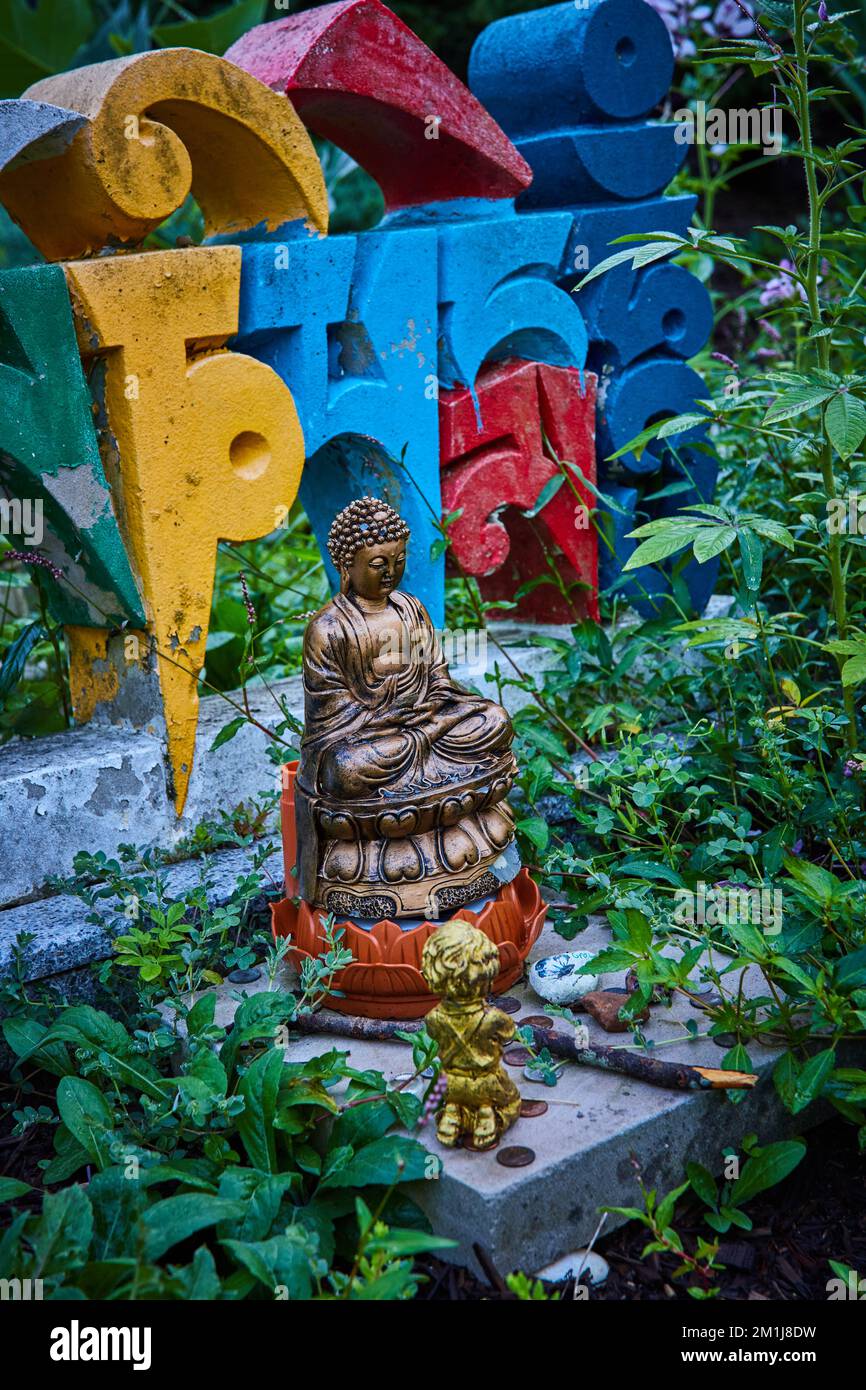 Details einer kleinen Buddha-Statue und farbenfrohe Buchstaben im Garten Stockfoto