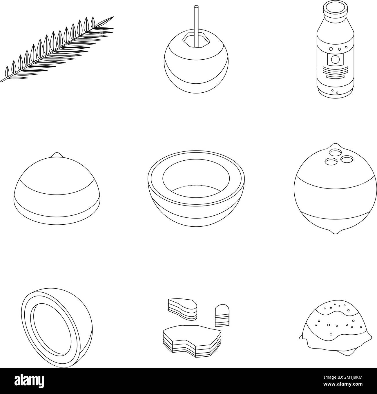 Kokosnusssymbole eingestellt. Isometrischer Satz von Kokosnuss-Vektorsymbolen umrandet auf der weißen dünnen Liniensammlung Stock Vektor