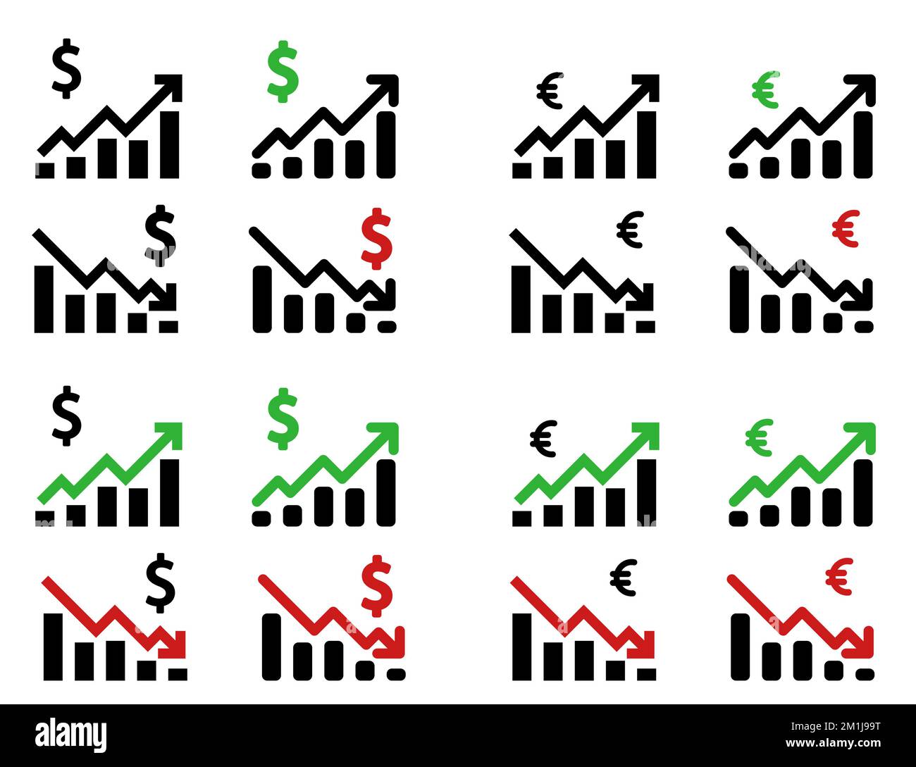 Vektordarstellung des Symbols der Aufwertung der Euro-Währung in Dollar. Ein Geldsymbol mit einem nach oben und unten zeigenden Pfeil. Stock Vektor