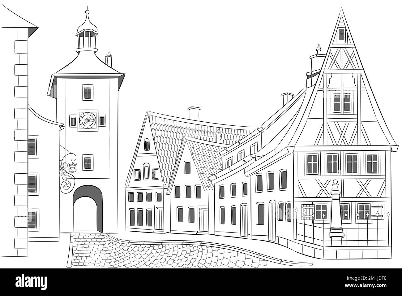 Schwarzweißzeichnung von mittelalterlichen Fachwerkhäusern und Stadttoren in Rothenburg ob der Tauber. Deutschland. Bayern. Vektordarstellung. Stock Vektor
