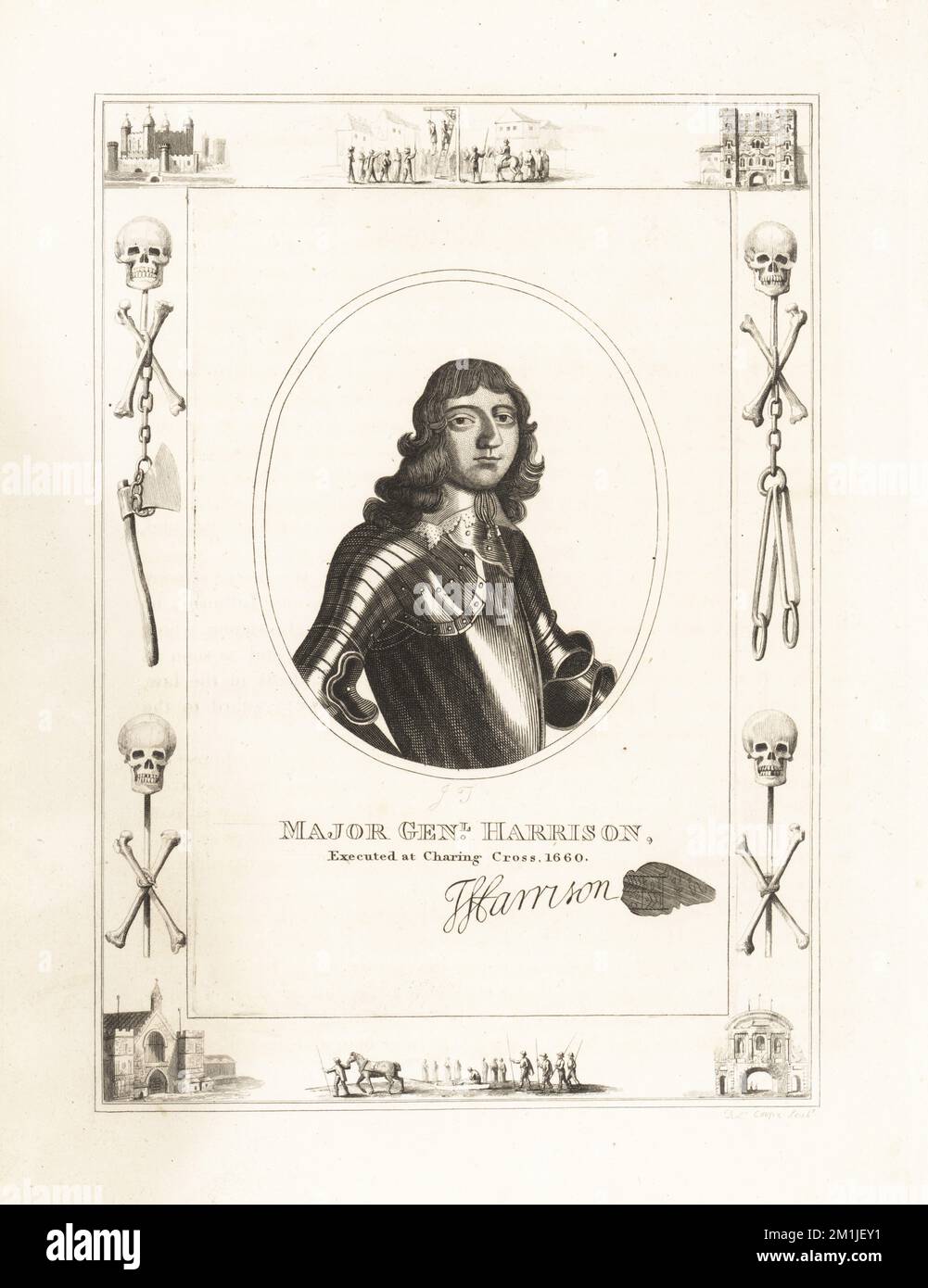 Major Genl. Harrison, hingerichtet in Charing Cross. Generalmajor Thomas Harrison, 1616-1660, war Parlamentarier, Oberstleutnant in der Armee, Mitglied der Fünften Monarchisten und Königsmord von König Karl I. Am 13. Oktober 1660 versucht, gehängt, gezogen und geviertelt. Mit seinem Autogramm und Siegel. In einem Rahmen, der mit Schädelknochen und Kreuzknochen, Ketten und Henkeraxt verziert ist, hing ein Mann an einem Gibbet in Tyburn, ein verurteilter Mann auf einem Schlitten, der Tower of London, Newgate Gefängnis. Prägung aus Kupferplatte von Robert Cooper, Porträt von JT, aus James Caulfield's The High Court o Stockfoto