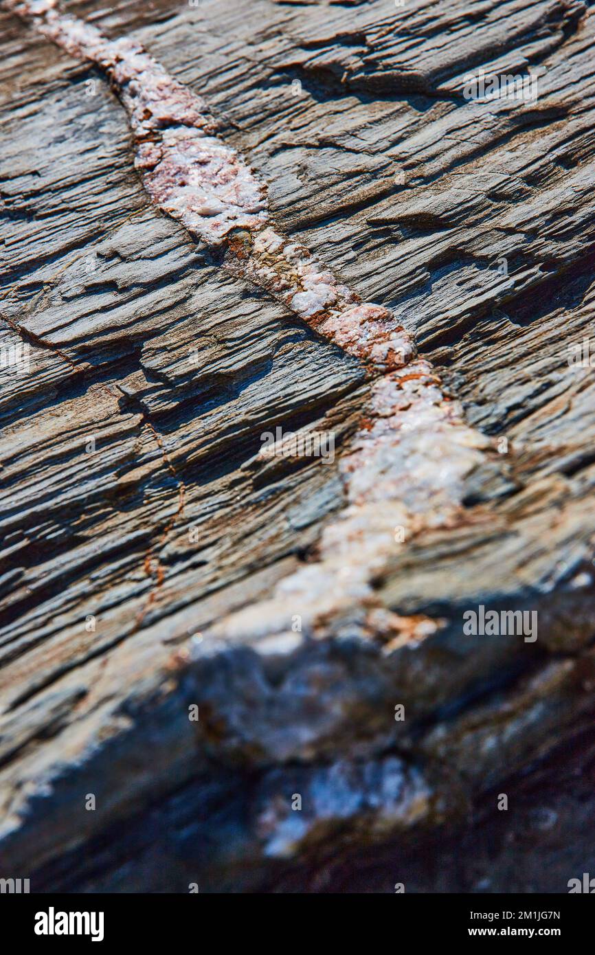 Makro einer durch Steinschichten gehenden mineralischen Quarzvene Stockfoto
