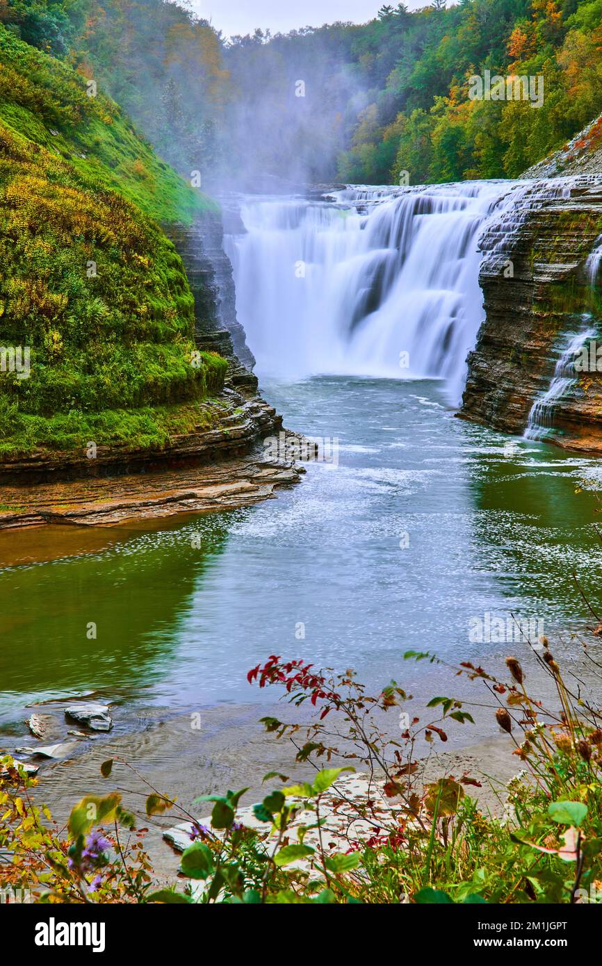 Atemberaubender großer Wasserfall, der durch eine felsige Schlucht mit grünen Wäldern und Feldblumen im Vordergrund geschnitzt wurde Stockfoto