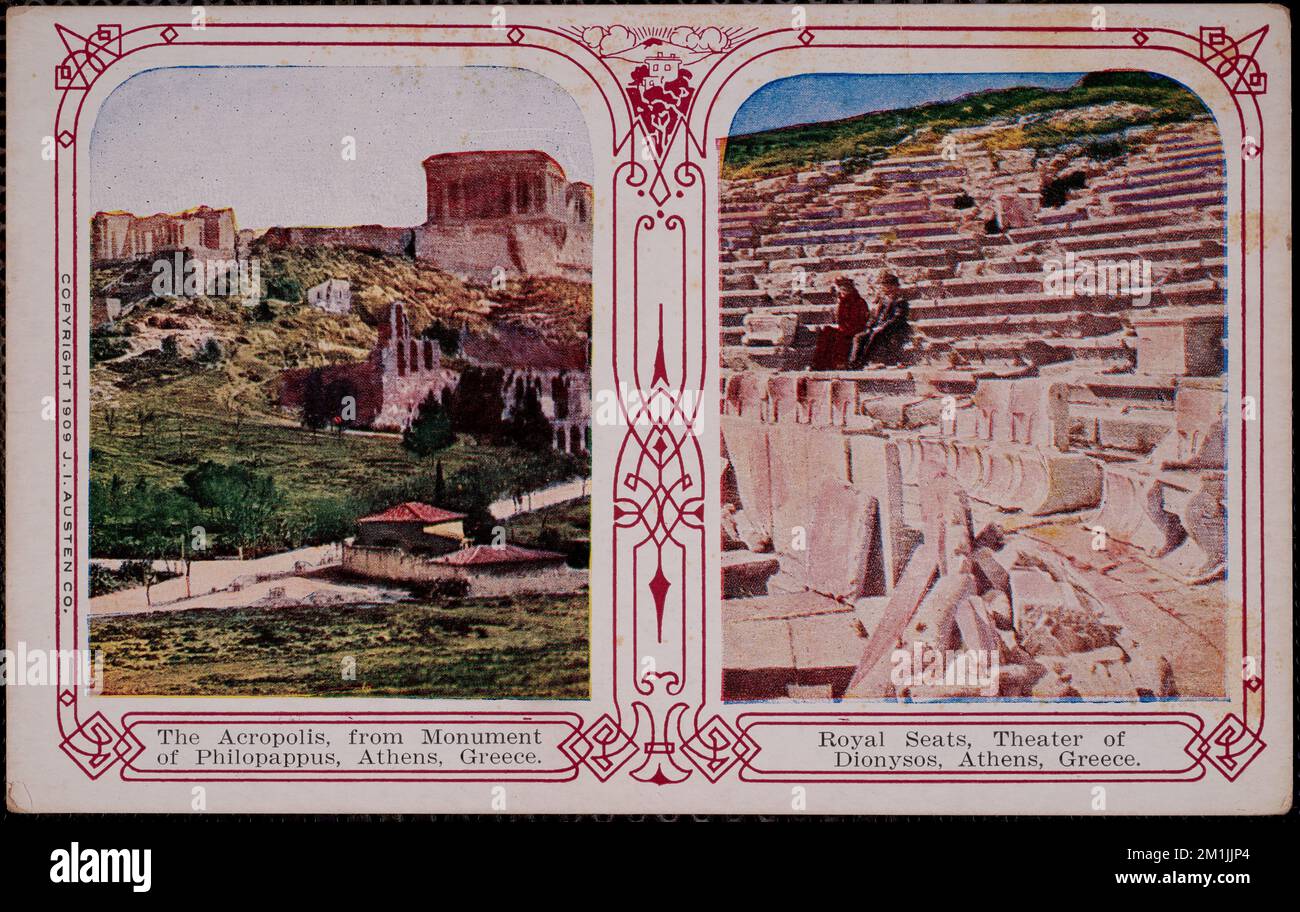 Akropolis, aus dem Denkmal Philopappus, Athen, Griechenland. Königliche Sitze, Theater von Dionysos, Athen, Griechenland, Forts & Fortifications, Griechische Tempel, archäologische Stätten, Amphitheater, Tore, Parthenon Athen, Griechenland, Propylaea Akropolis, Athen, Griechenland, Odeon von Herodes Atticus Athen, Griechenland. Nicholas Catsimpoolas Kollektion Stockfoto