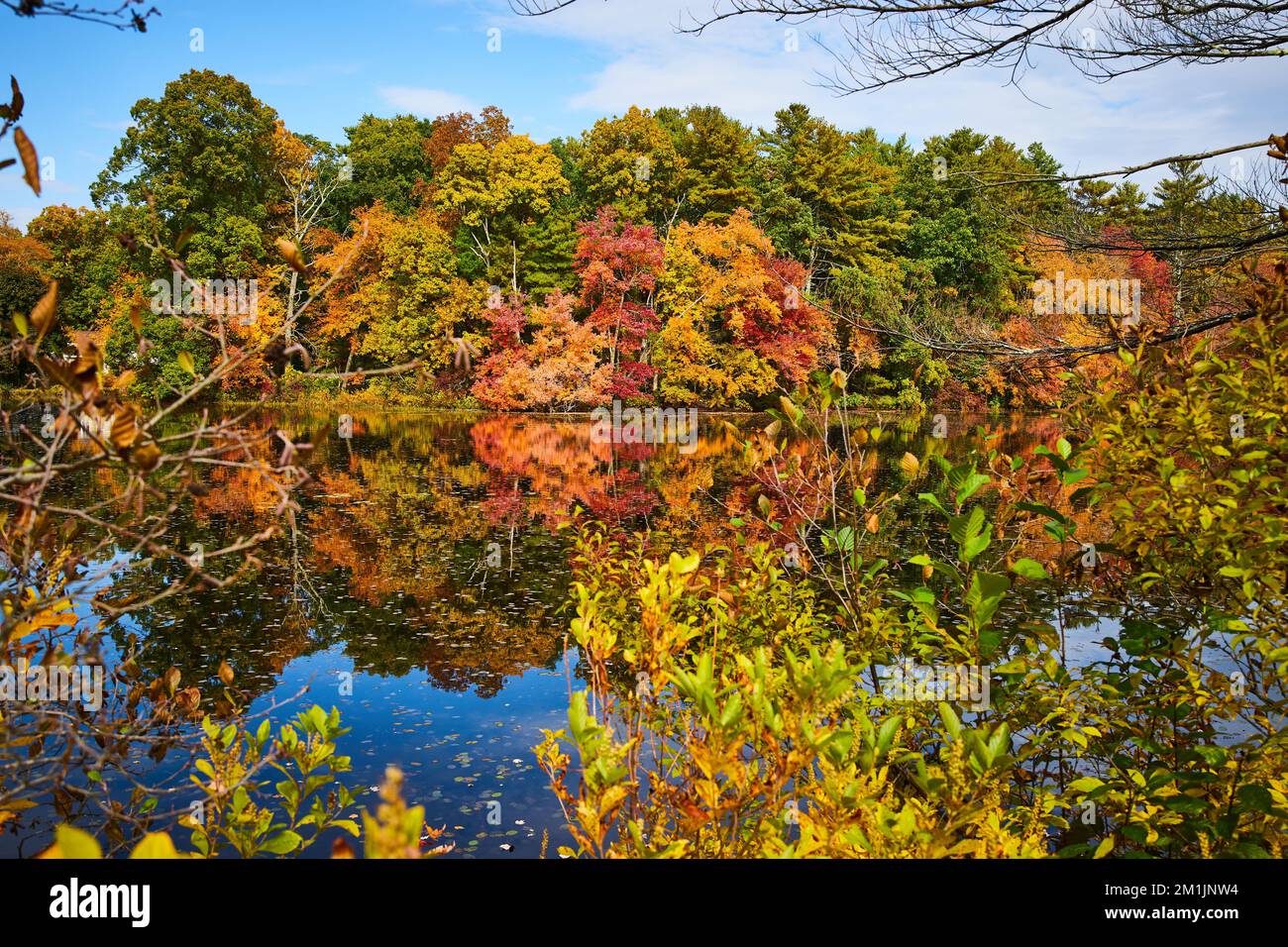 Herbstwald in New York mit See, der die Bäume reflektiert Stockfoto