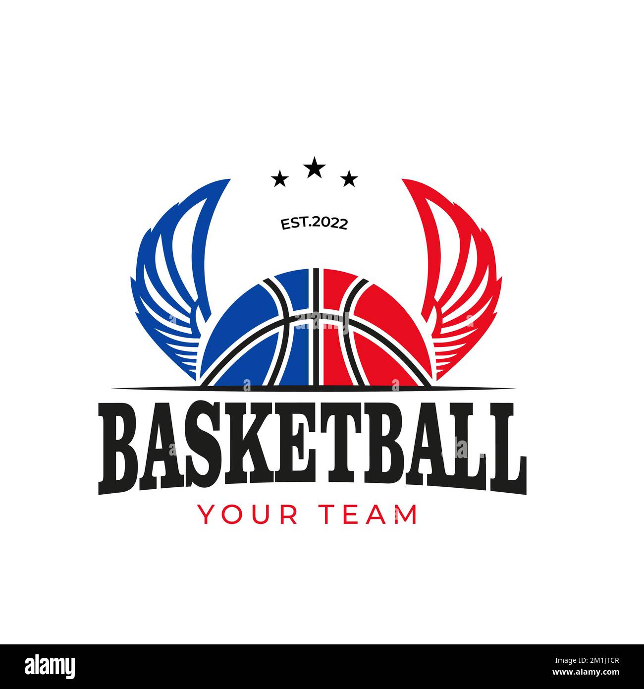 Straßenbasketball-Illustration mit Flügeln. Logo des American Sports Basketball Clubs, Basketballclub. Turnier-Basketballclub-Emblem, Vorlagendesign. Stock Vektor