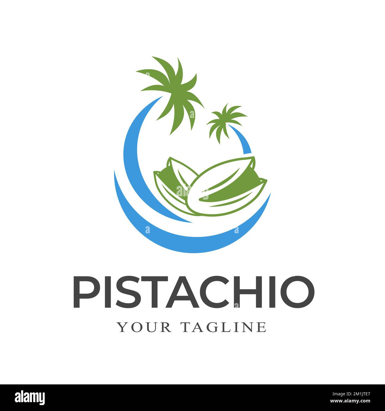 Pistazien-Nüsse mit Meer- und Palmensymbol, Logo-Vorlage. Pistaziensamen mit Schale, Vektordesign. Vegetarische und biologische, natürliche Speisen und Nutri Stock Vektor