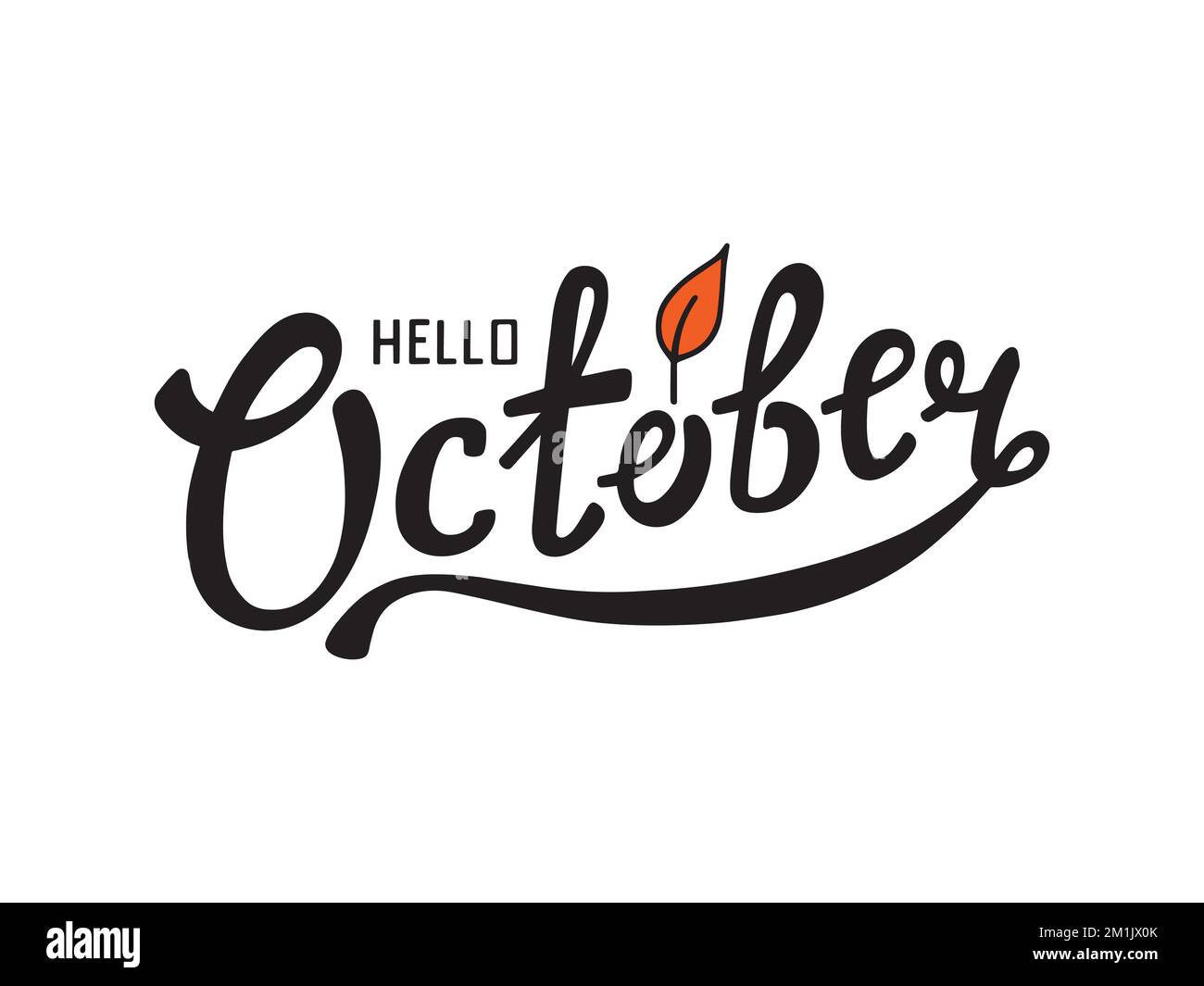 „Hello october“-Vektor-Schriftzug mit handgeschriebenem Schriftzug. Saisonale Kalligrafie mit orangefarbenem Blatt für Kalender, Banner, Poster, Grußkarte, Party-Einladung Stock Vektor