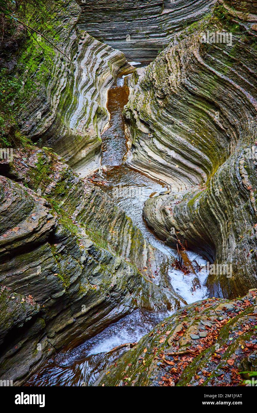 Kleiner Fluss durch die Schlucht im Detail mit geschichteten Felsen und Moos Stockfoto
