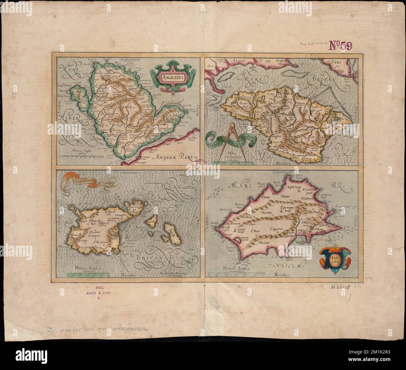 Anglesey : Wight Vectis olim ; Garnesay ; Iarsay , England, Maps, Frühe Arbeiten bis 1800, Isle of Wight England, Karten, frühe Arbeiten bis 1800, Anglesey Wales, Karten, frühe Arbeiten bis 1800, Jersey Channel Islands, Karten, frühe Arbeiten bis 1800, Guernsey Channel Islands, Karten, frühe Arbeiten bis 1800 Norman B. Leventhal Map Center Collection Stockfoto