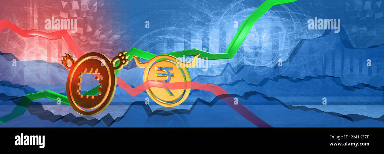 Halbleiterpreise in Rupien gefallen. Preisgünstige Unterhaltungselektronik in indien – Konzept. 3D Darstellung des Markttrends bei bärenartigen Mikrochips aufgrund von Stockfoto