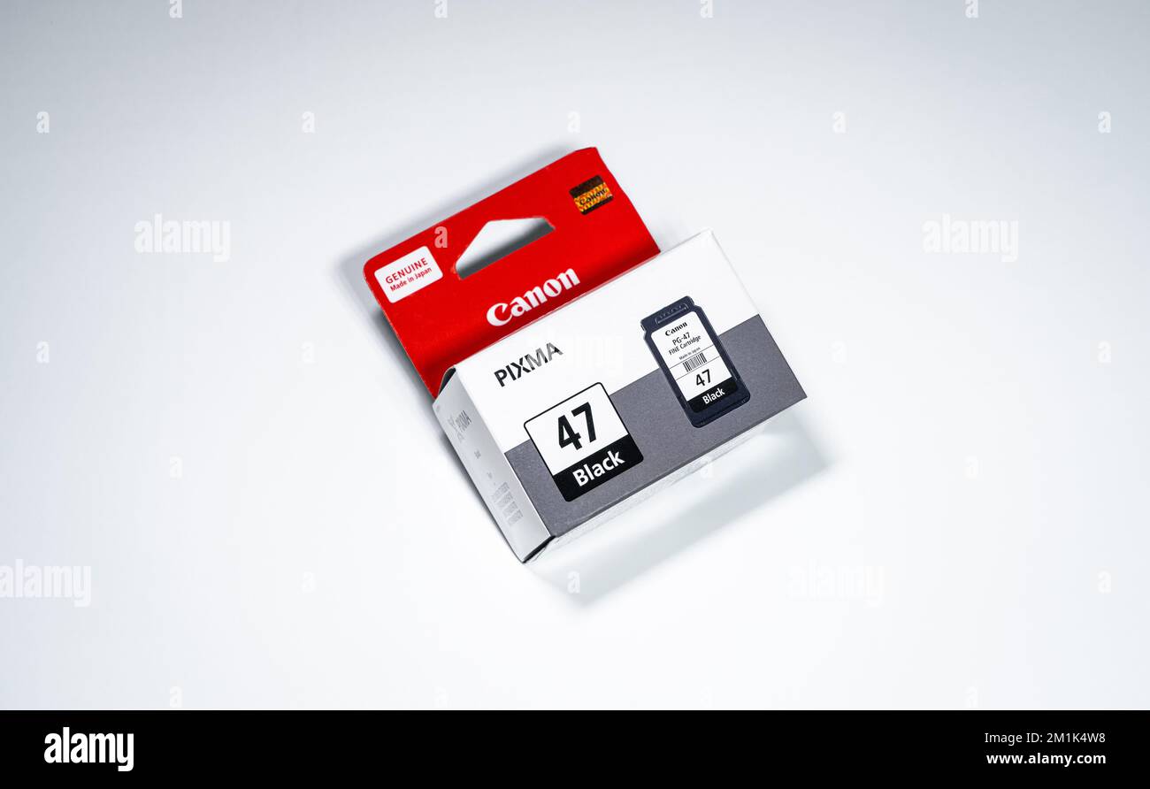 Eine Schachtel Canon PIXMA Druckkassette schwarz auf weißem Hintergrund. Stockfoto