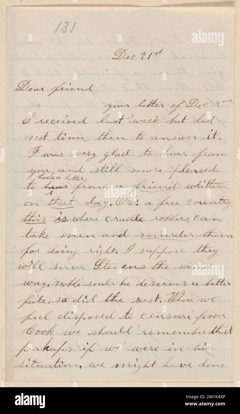 Annie Brown Adams Autogrammbrief unterzeichnet an Thomas Wentworth Higginson, [North Elba, N. Y.], 21. Dezember [1859] , Abolitionists, United States, Anti-Sklaverei-Bewegungen, United States, History, 19. Century, Harpers Ferry W.A., History, John Brown's RAID, 1859, Brown, John, 1800-1859, Cook, John E. John Edwin, 1830-1859, Tidd, Charles Plummer, 1832-1862, Braun, Owen, 1824-1889. John Brown. Korrespondenz über John Brown und den Überfall auf Harpers Ferry Stockfoto