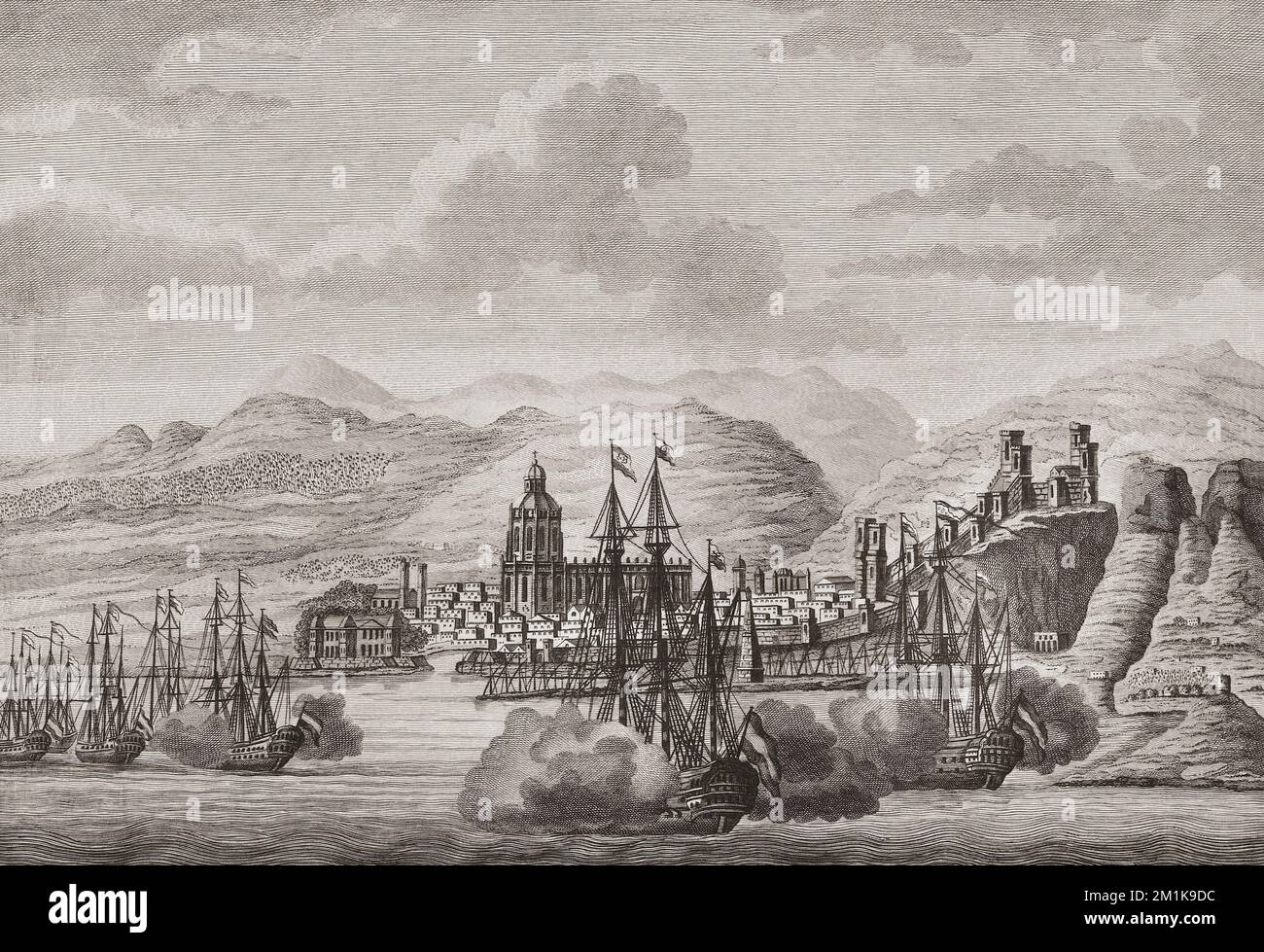 Die niederländische Flotte vor Malaga, Spanien, im Jahr 1784, um den Geburtstag von Karl III/Carlos III, König von Spanien, zu feiern. Die niederländischen Schiffe feuern einen Salut. Aus einem Abdruck von Antonio Suntach. Stockfoto
