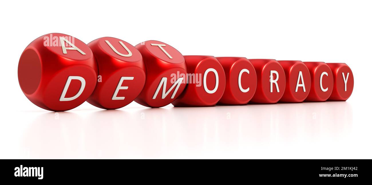 Demokratie oder Autokratie. Der Text in Würfeln verwandelt sich von Demokratie in Autokratie. 3D Abbildung. Stockfoto