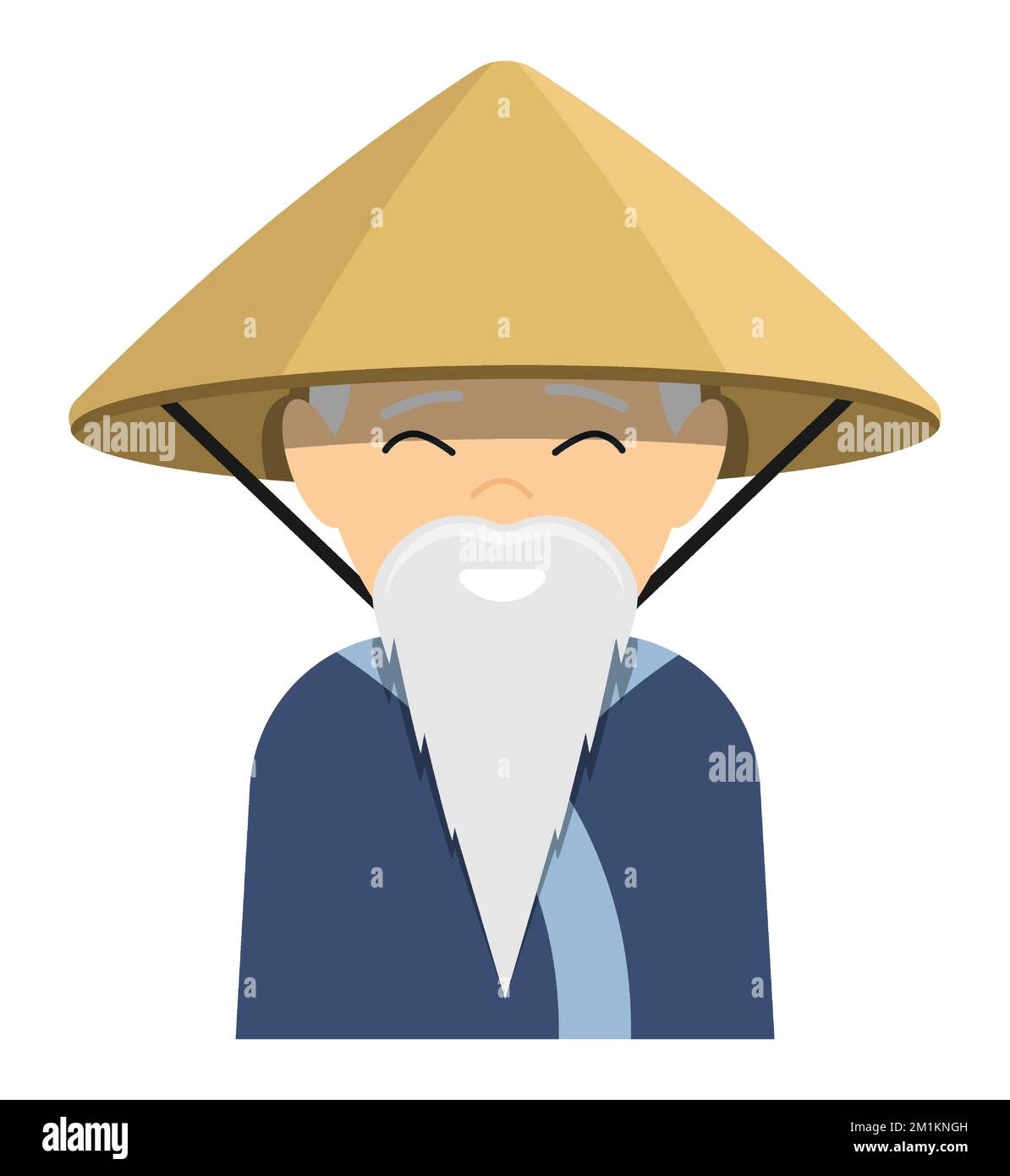 Asiatischer älterer Mann mit langem grauem Bart und rundem Hut aus nationalem Stroh. Thailändischer Bauer in traditioneller Kleidung. Zeichentrickfigur. Vektor auf weiß isoliert Stock Vektor