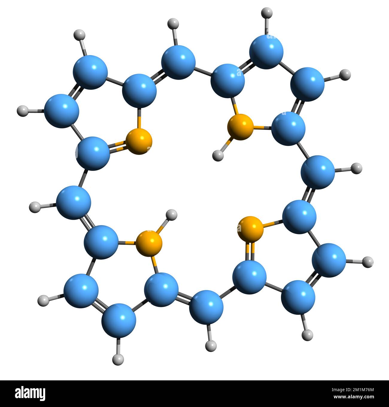 3D-Bild einer Porphyrin-Skelettformel - molekularchemische Struktur einer heterocyclischen organischen Makrozyklenverbindung, isoliert auf weißem Hintergrund Stockfoto