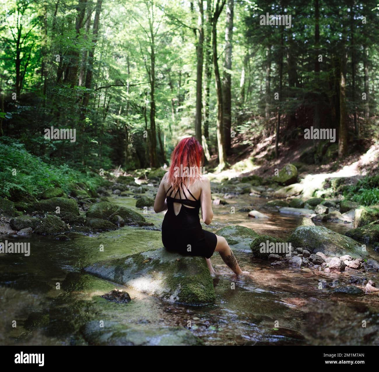 Junge Frau, die auf einem Felsen in einem Bach im Wald bei Baden-Baden sitzt Stockfoto