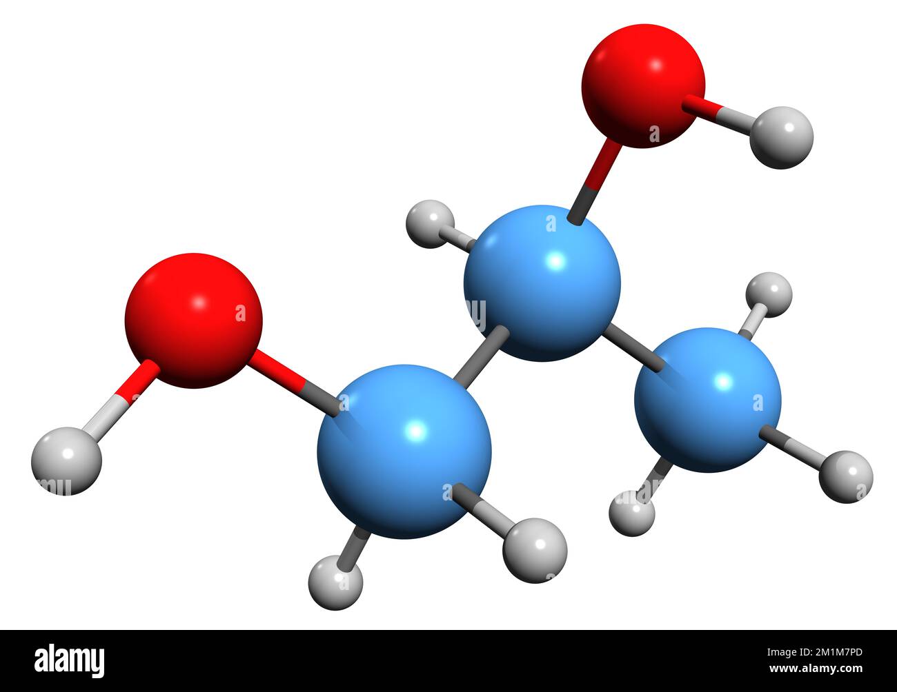 3D-Bild einer Propylenglykol-Skelettformel - molekularchemische Struktur von Propandiol isoliert auf weißem Hintergrund Stockfoto