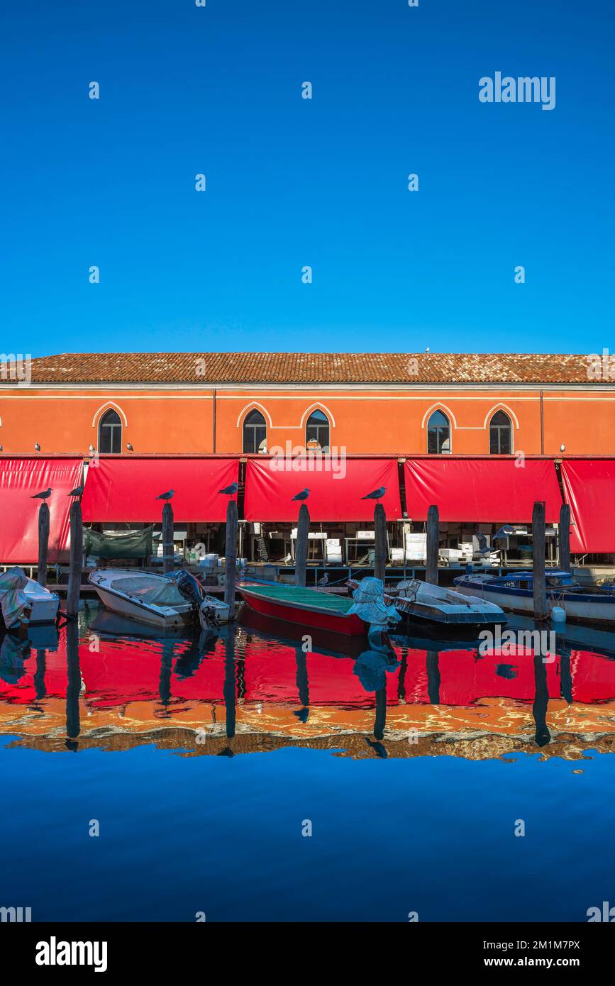 Chioggia Fischmarkt, Blick im Sommer auf den malerischen Fischmarkt neben dem Canal Vena im venezianischen Fischereihafen von Chioggia, Veneto, Italien Stockfoto