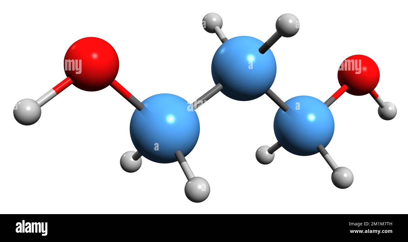 3D-Bild einer Propandiol-Skelettformel - molekularchemische Struktur von Trimethylenglykol isoliert auf weißem Hintergrund Stockfoto
