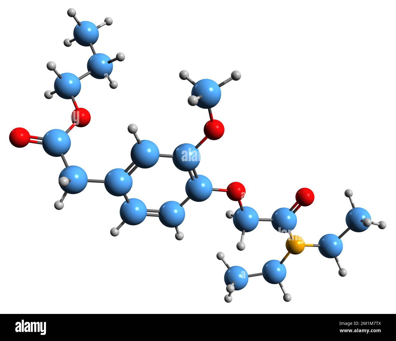 3D-Bild einer Propanidid-Skelettformel - molekularchemische Struktur eines auf weißem Hintergrund isolierten Phenylacetat-Allgemeinanästhetikums Stockfoto