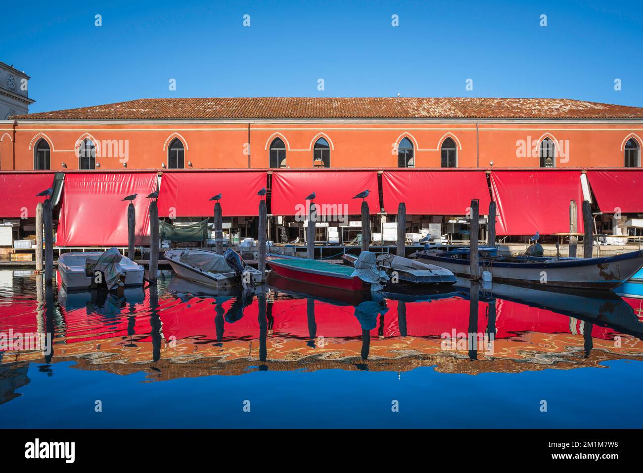 Chioggia Fischmarkt, Blick im Sommer auf den malerischen Fischmarkt neben dem Canal Vena im venezianischen Fischereihafen von Chioggia, Veneto, Italien Stockfoto