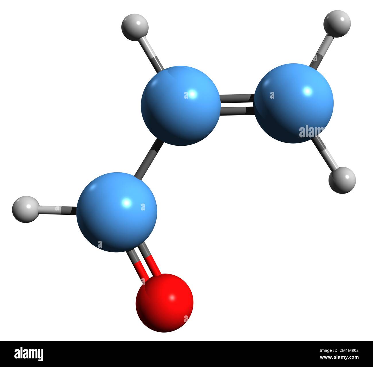 3D-Bild der Akrolein-Skelettformel - molekularchemische Struktur des Propenals isoliert auf weißem Hintergrund Stockfoto