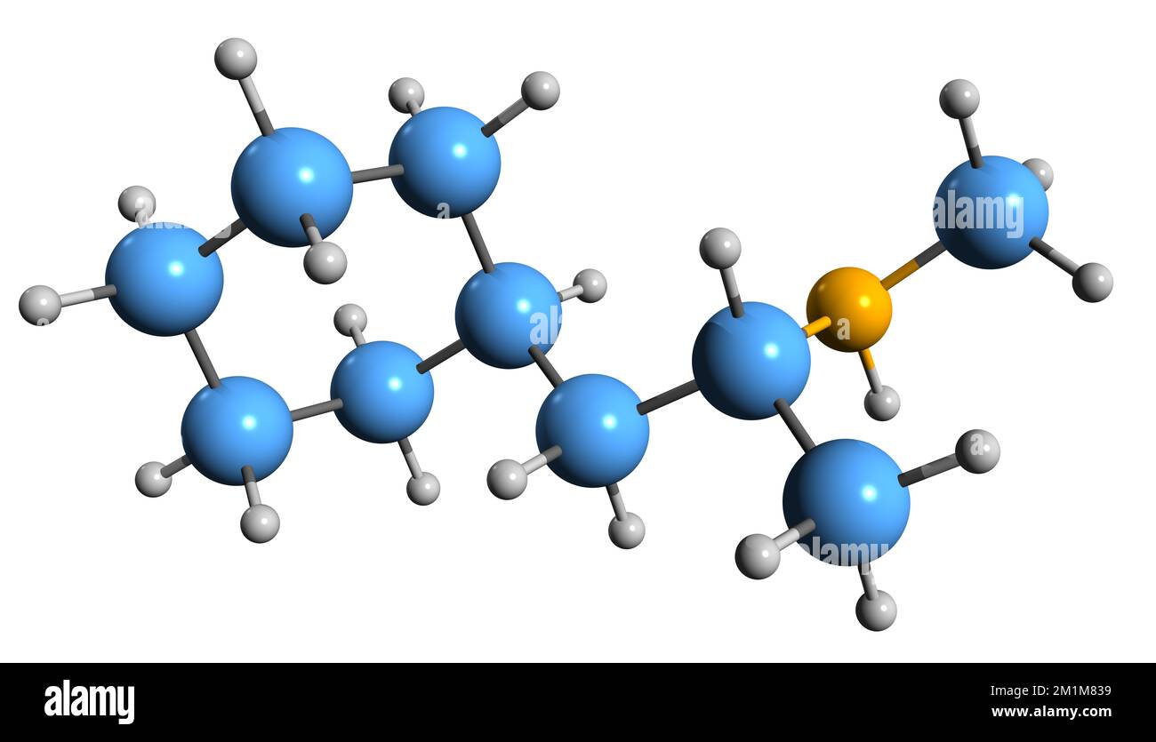 3D-Bild der Propylhexedrin-Skelettformel - molekularchemische Struktur von Hexahydro-Desoxyephedrin isoliert auf weißem Hintergrund Stockfoto