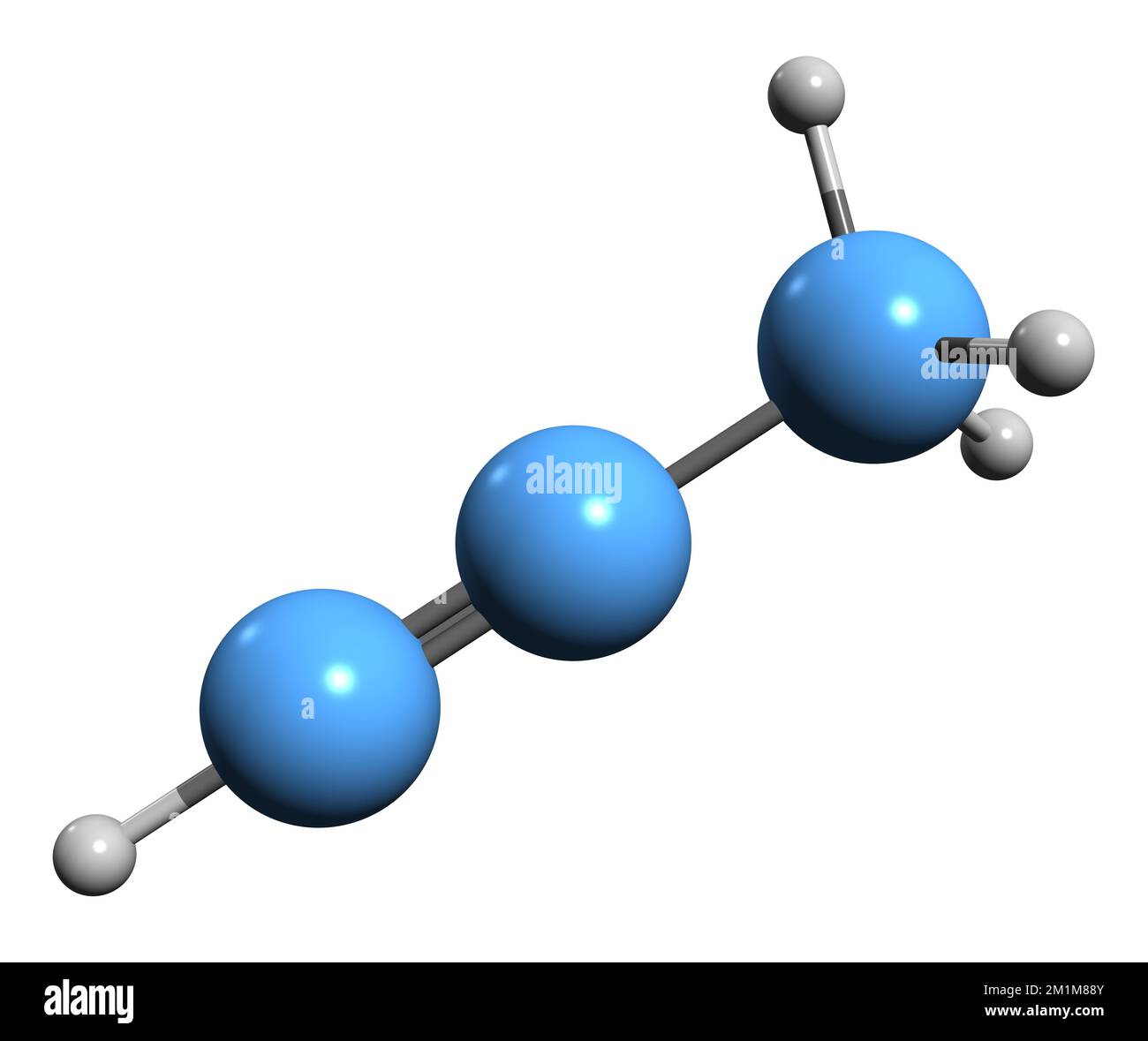 3D-Bild der Propyne-Skelettformel - molekularchemische Struktur von Methylacetylen isoliert auf weißem Hintergrund Stockfoto